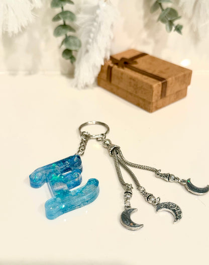 Ocean Blue Resin Initial Keychain with Crescent Moon Charms