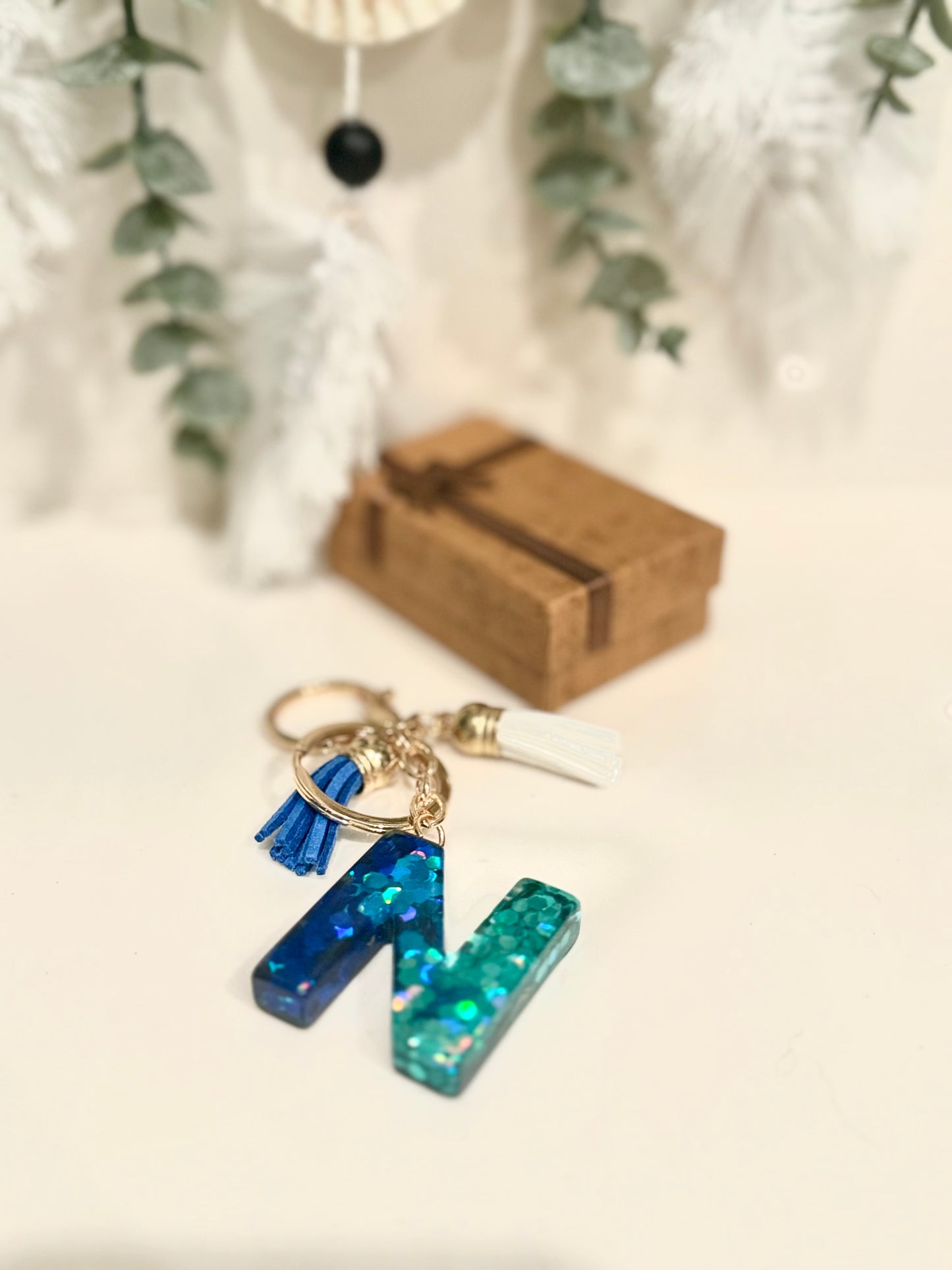 Teal and Navy Resin Initial Keychain with Tassel Charms | Stocking Stuffers | Unique Christmas Gifts