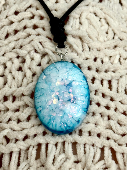 Winter Wonderland Frosted Pendant | Resin Art Necklace with Adjustable Leather Cord | Bohemian Seasons - Winter