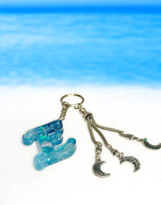 Ocean Blue Resin Initial Keychain with Crescent Moon Charms