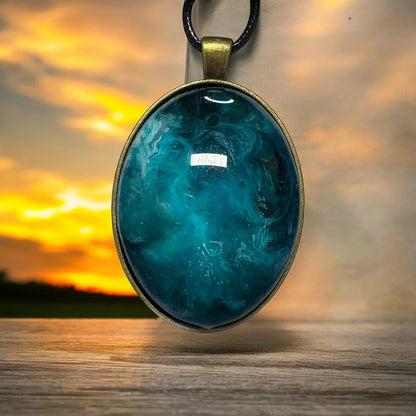 Handcrafted Teal Swirl Resin Pendant – Unique Jewelry with Leather Cord | Stocking Stuffers | Unique Christmas Gifts