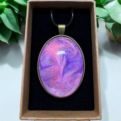 Handcrafted Pink and Purple Swirl Resin Pendant – Unique Jewelry with Leather Cord | Stocking Stuffers | Unique Christmas Gifts