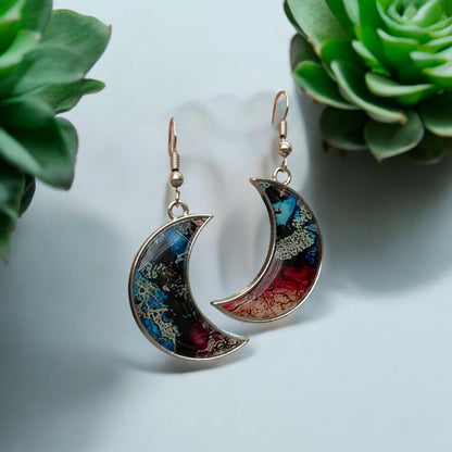 Midnight Garden Moon Earrings - Colorful Resin with Elegant Silver Hooks