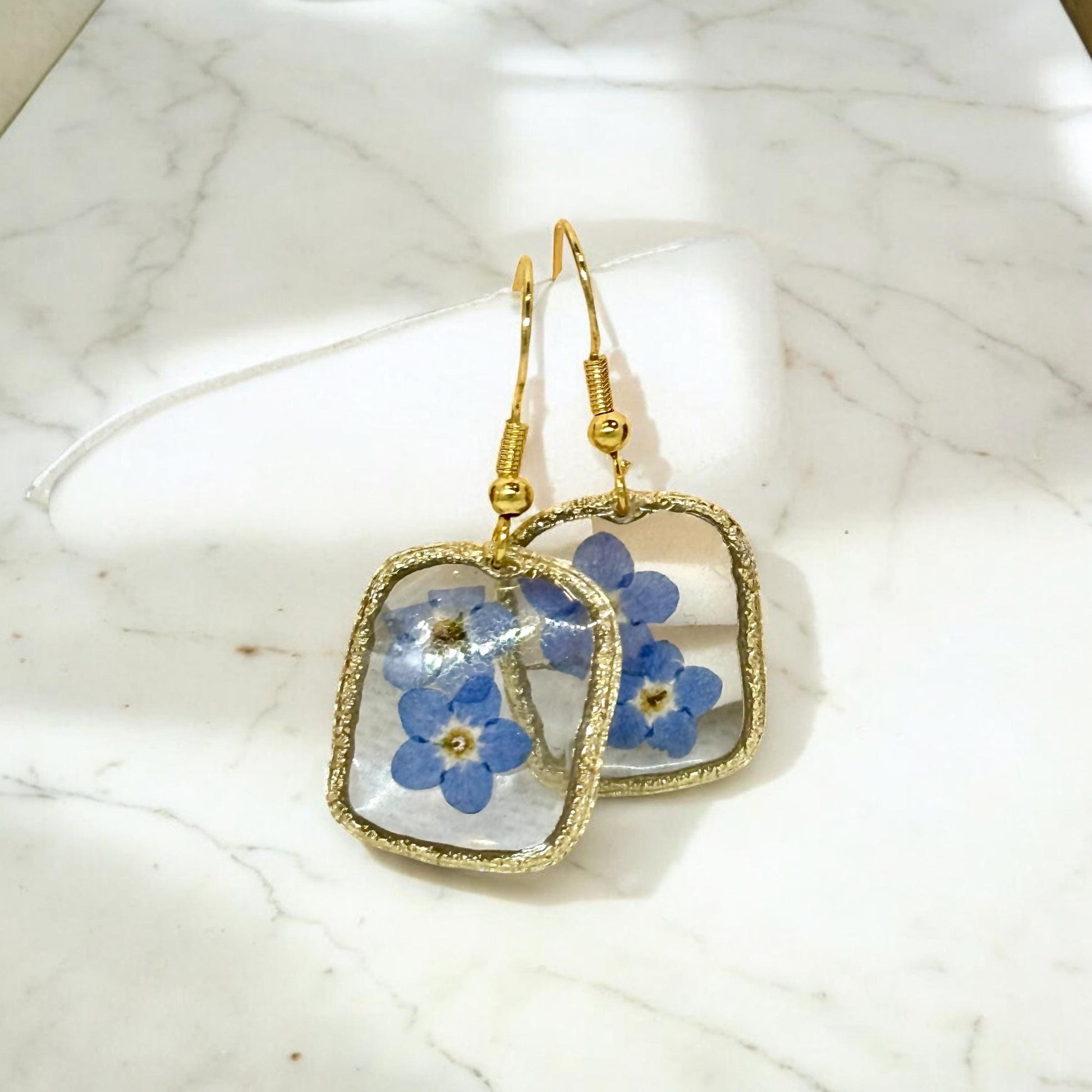 Forget-Me-Not Resin Earrings with Gold Bezels – Always Remembered Collection