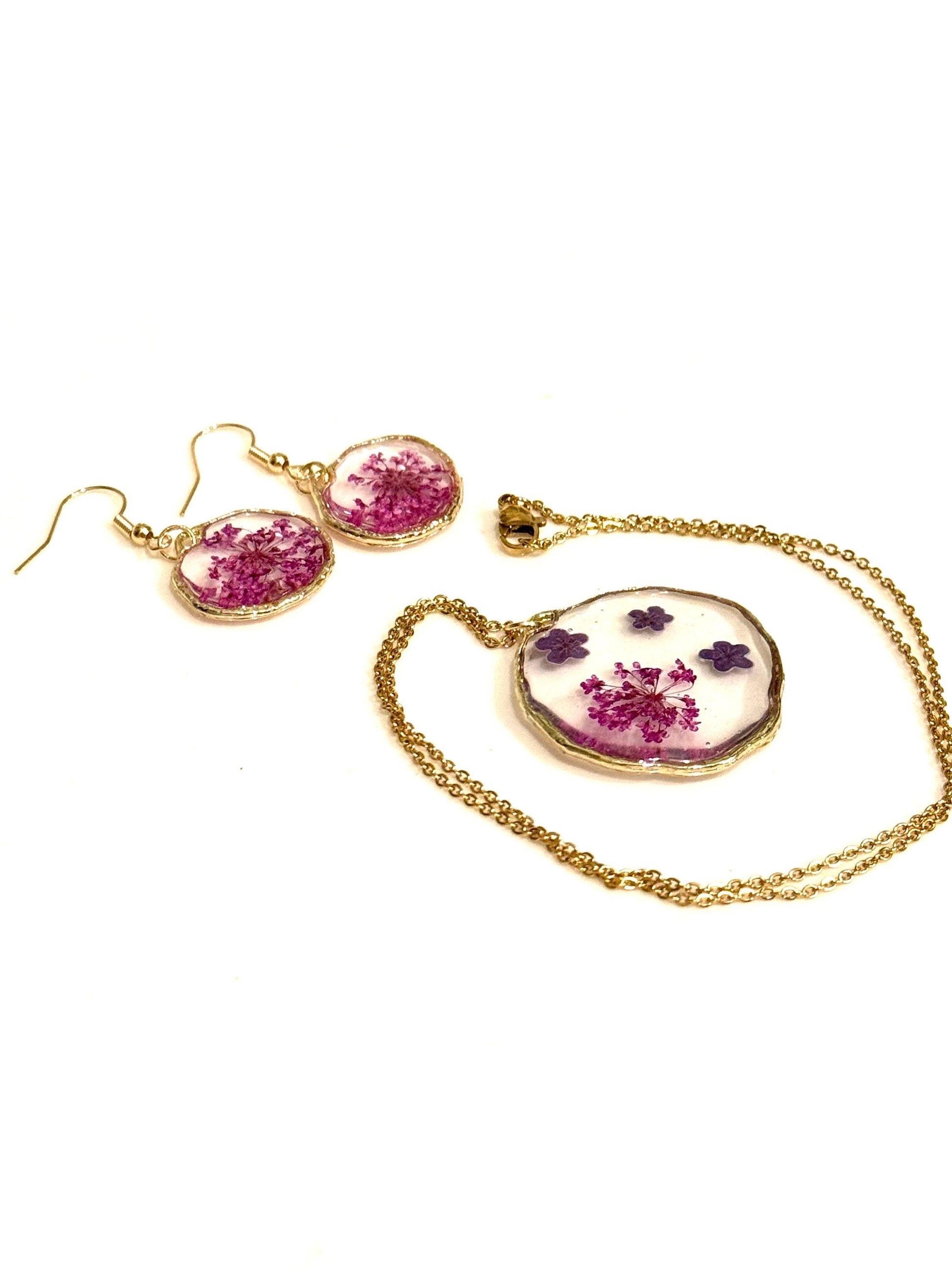 Blossom Charm Resin Jewelry Set – Earrings & Pendant with Purple Florals