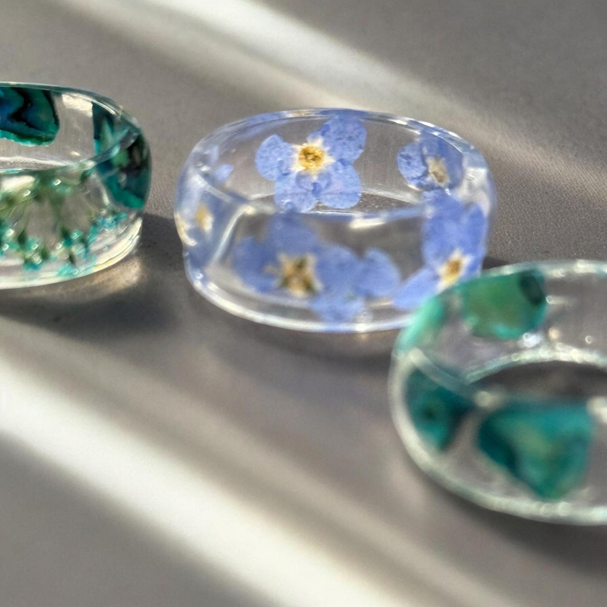 Handmade Resin Rings with Dried Flowers or Abalone Shells – Size 8