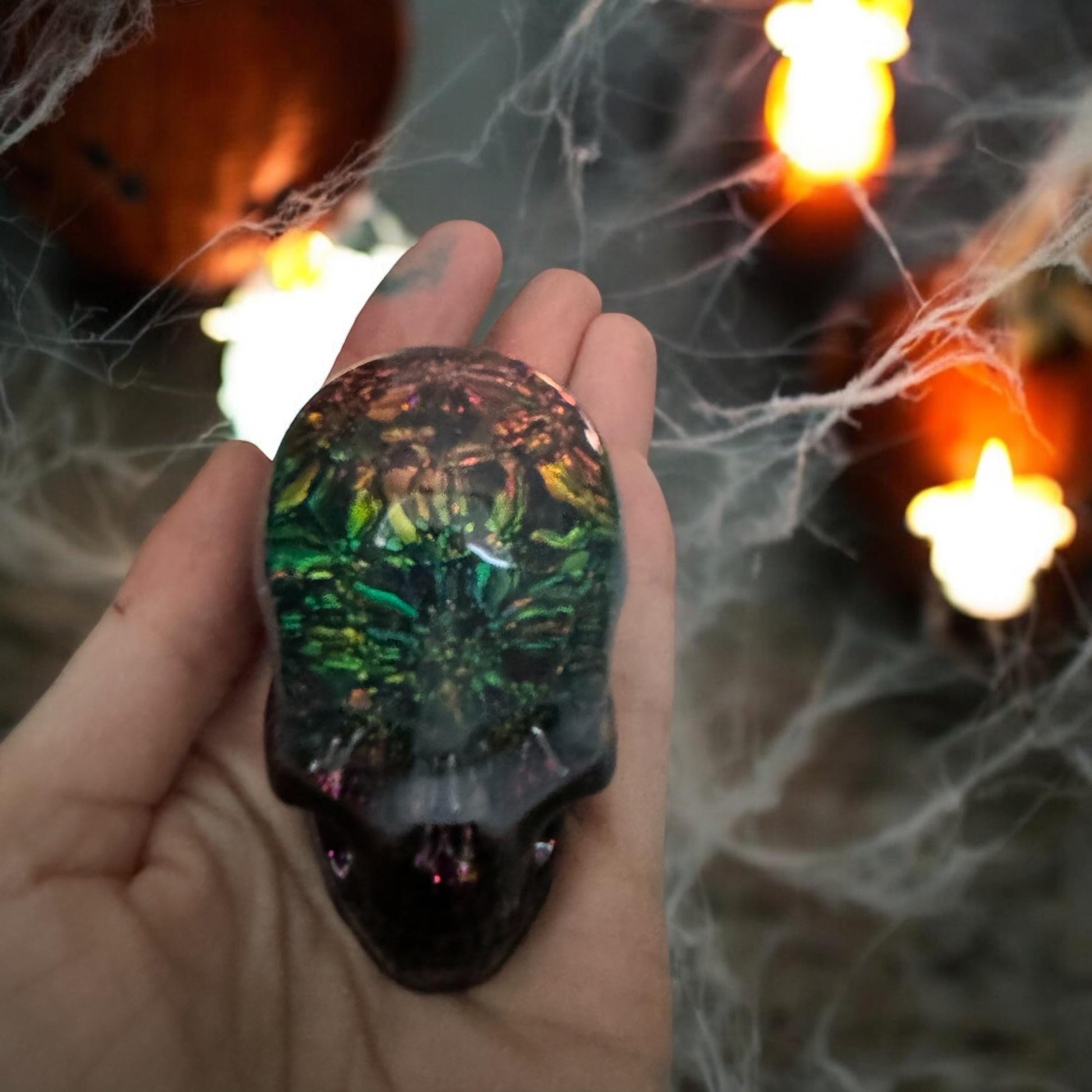 Handmade Black Resin Skull with Mystical Glow – Gothic Décor & Collectible Art Piece