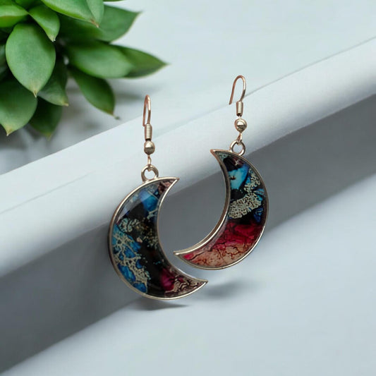 Midnight Garden Moon Earrings - Colorful Resin with Elegant Silver Hooks