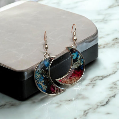 Midnight Garden Moon Earrings - Colorful Resin with Elegant Silver Hooks