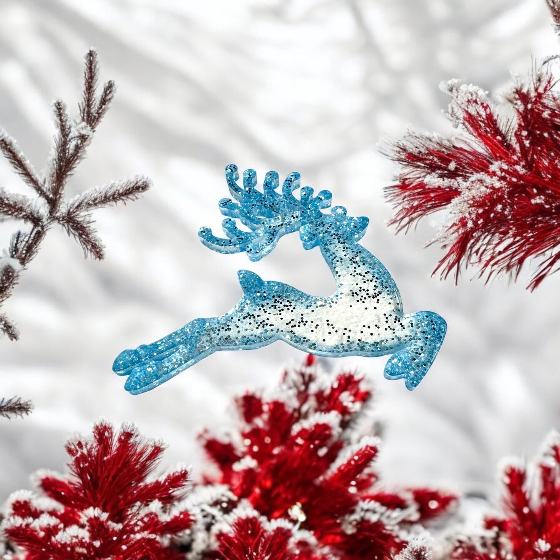 Sparkling Blue Reindeer Christmas Ornament – Handcrafted Glitter Holiday Decor | Stocking Stuffers | Unique Christmas Gifts